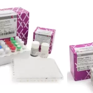 Imagem de embalagem rosa de kit de tipagem HLA, com tubos coloridos em uma caixa branca.