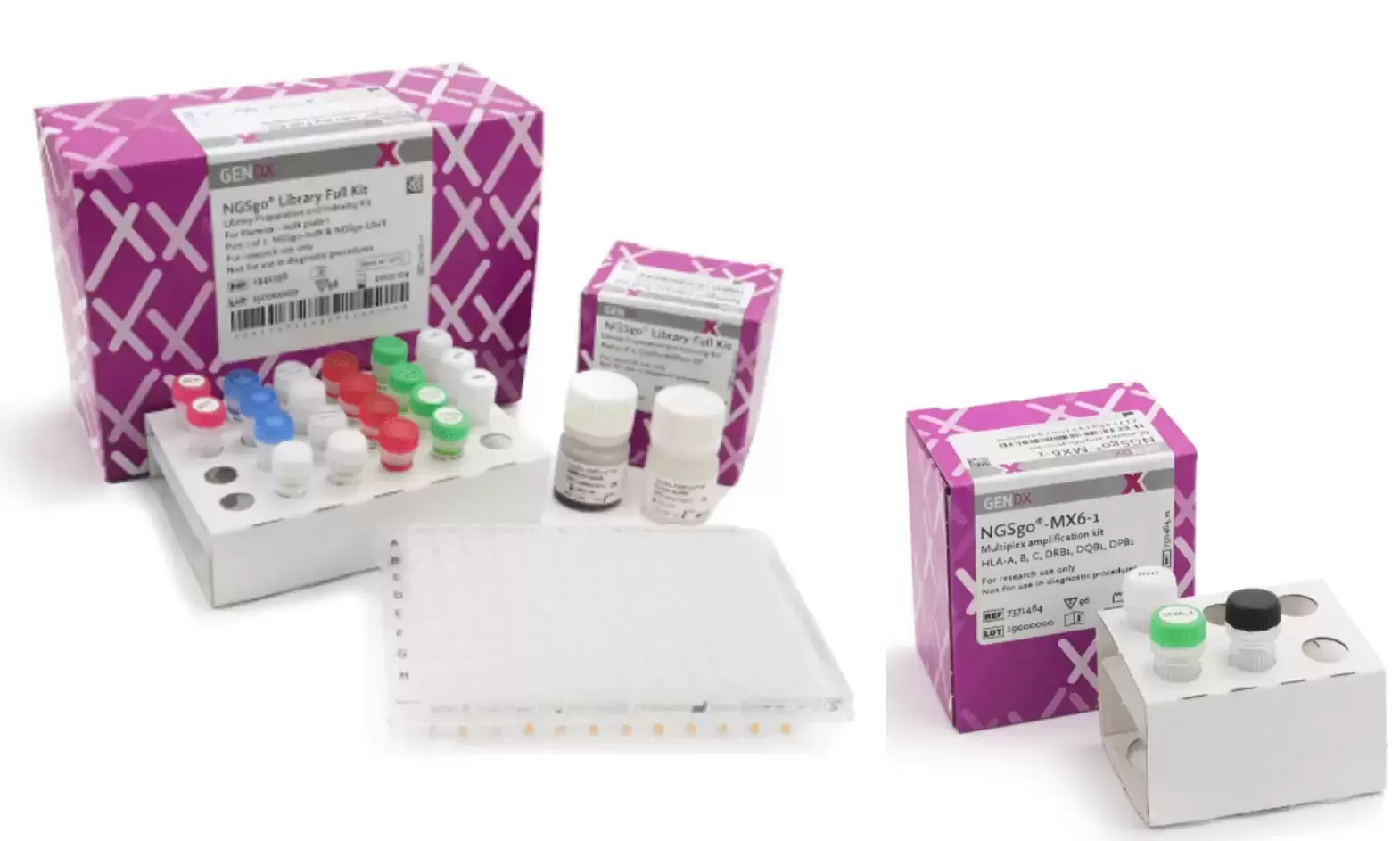 teste-tipagem-HLA Imagem de embalagem rosa de kit de tipagem HLA, com tubos coloridos em uma caixa branca.