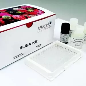 Imagem de embalagem retangular com branco e detalhes coloridos, com frascos brancos ao lado, representando reagentes Elisa.