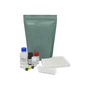 Imagem de kit de imunoensaio Elisa, com embalagem cinza e frascos com tampas coloridas.