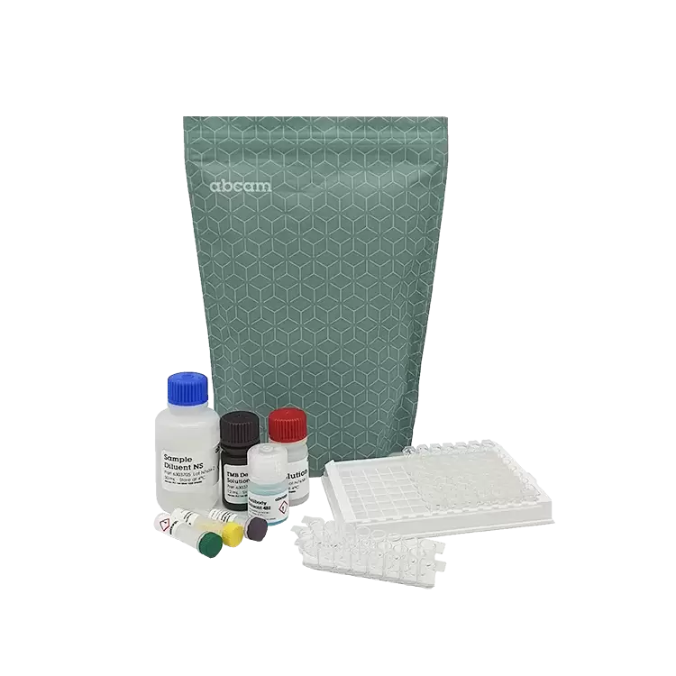 Imagem de kit de imunoensaio Elisa, com embalagem cinza e frascos com tampas coloridas.