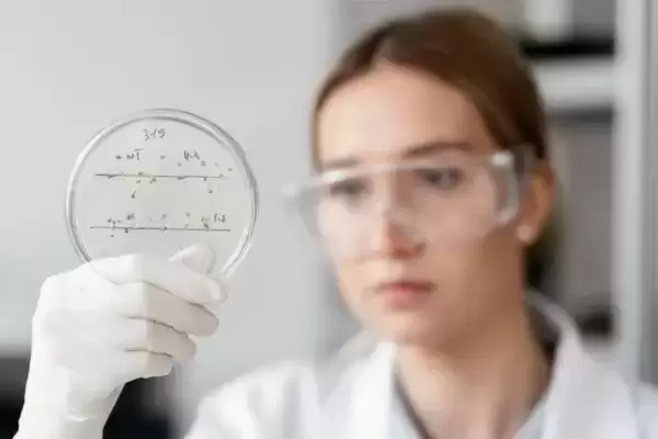 Uma profissional analisa amostra de biológia.