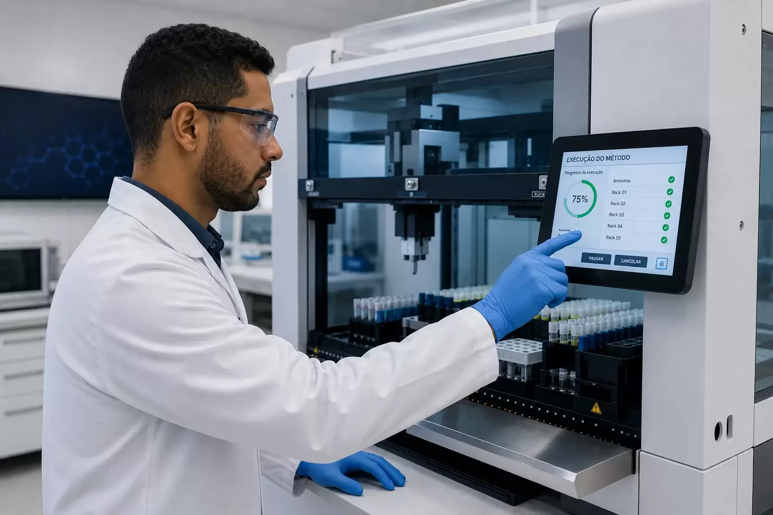 Profissional opera máquina de automação laboratorial com touchscreen, monitorando análise de amostras em tempo real.