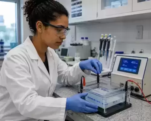 Cientista opera gel de eletroforese conectado a fonte de energia, separando moléculas em ambiente laboratorial controlado.