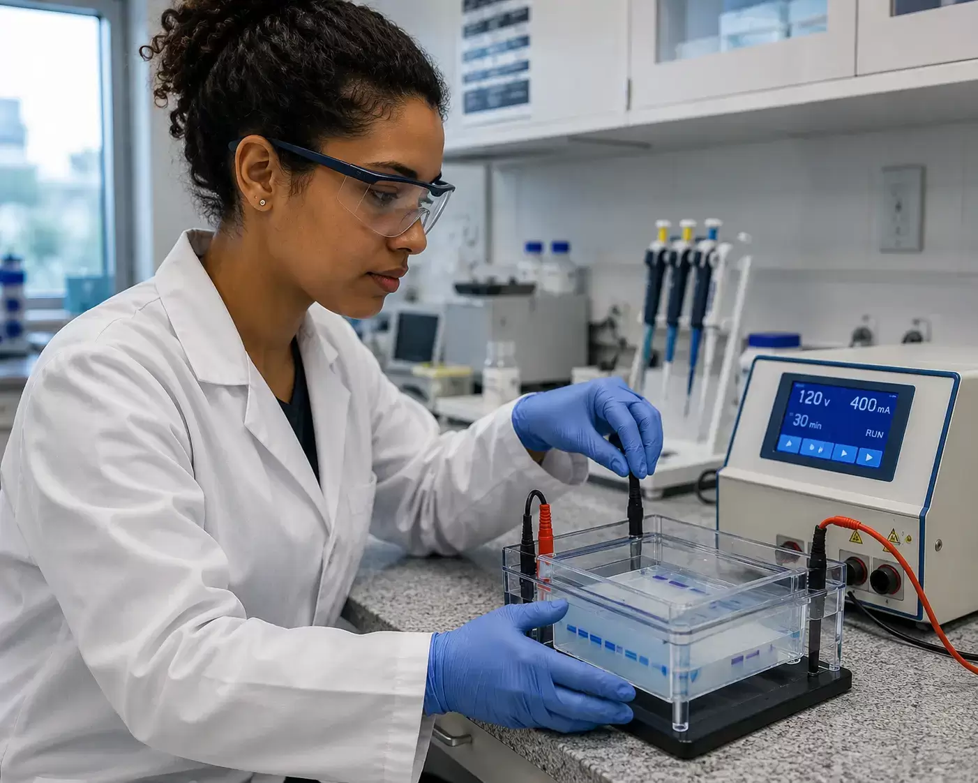 Cientista opera gel de eletroforese conectado a fonte de energia, separando moléculas em ambiente laboratorial controlado.
