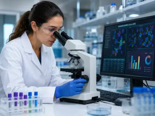 Profissional de laboratório analisa biomarcadores celulares ao microscópio em ambiente científico moderno e equipado.