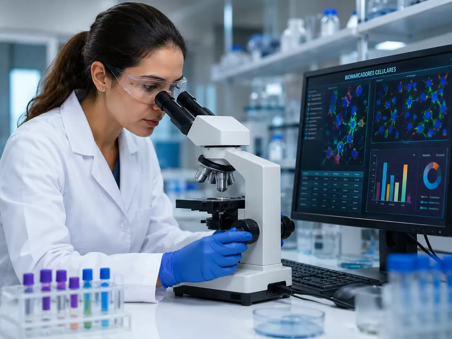 Profissional de laboratório analisa biomarcadores celulares ao microscópio em ambiente científico moderno e equipado.