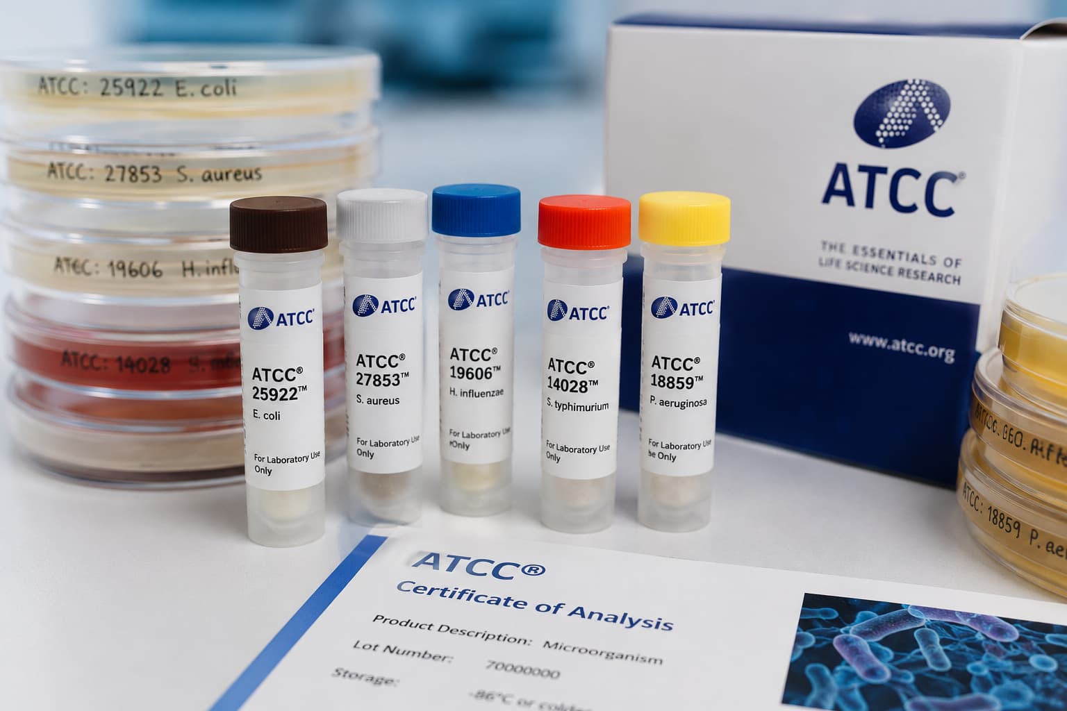Cepas ATCC em tubos de laboratório, com placas de cultura e certificado de análise ao fundo