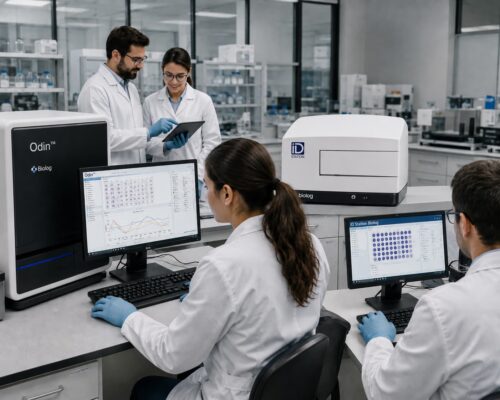 Profissionais utilizam os sistemas Odin e ID Station Biolog em um laboratório moderno para identificação e análise microbiológica de amostras.