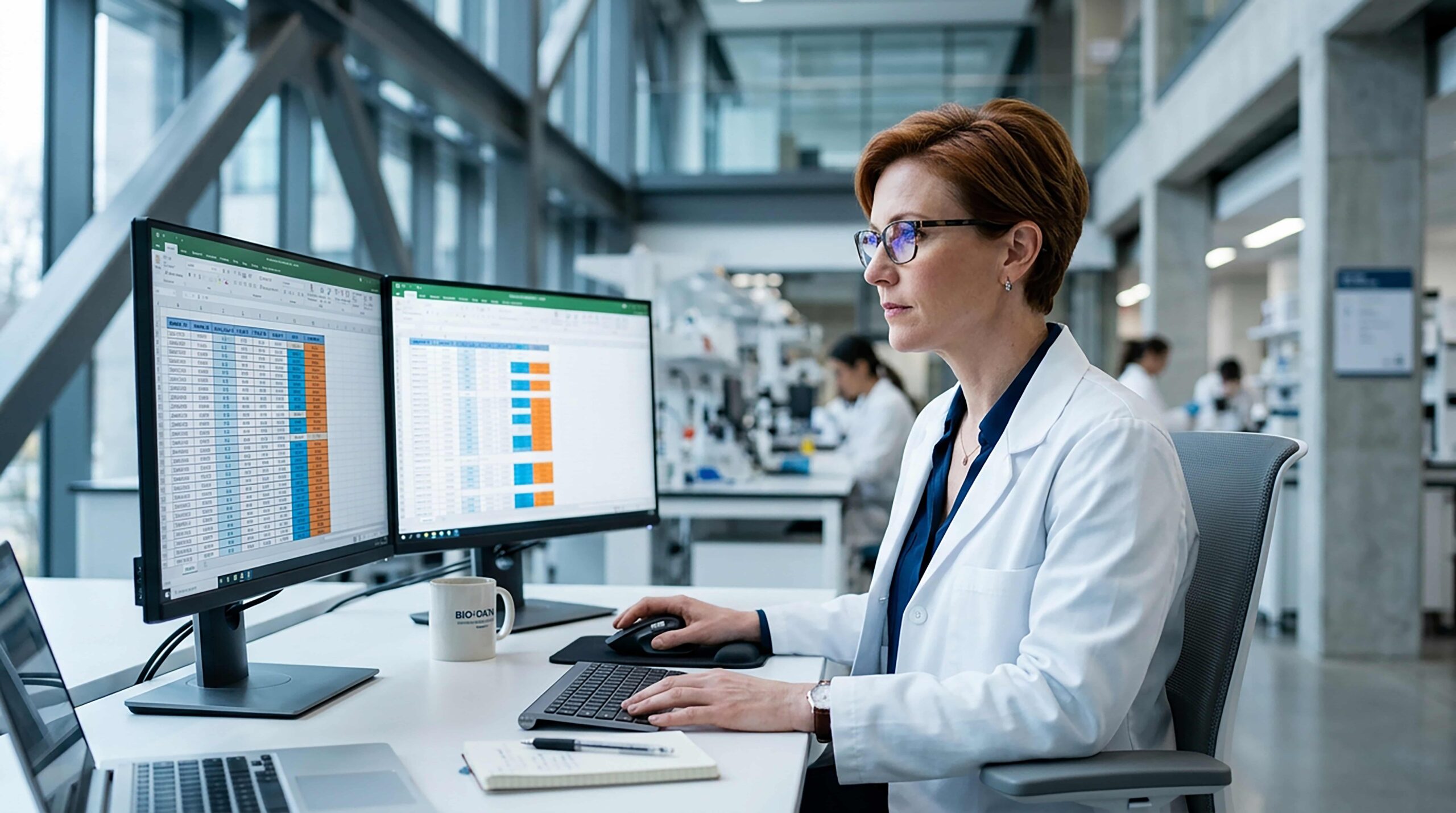 Pesquisadora analisa variantes genéticas em monitores com dados laboratoriais